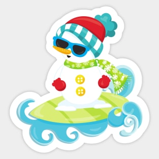 Christmas Snowman, Carrot Nose, Surfing Board, Hat Sticker